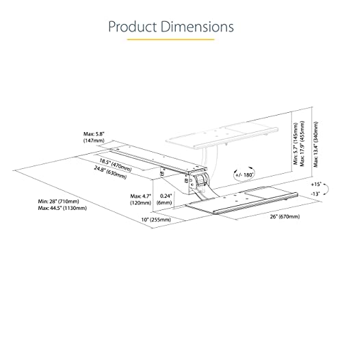 StarTech Under Desk Keyboard Tray, 10" x 26" Platform (KBTRAYADJ2) | Full Motion & Height Adjustable Keyboard and Mouse Tray, Mount Computer, Pad Wrist Rest - style: Full Motion