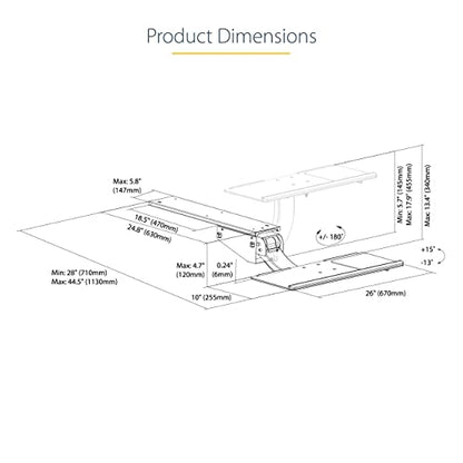 StarTech Under Desk Keyboard Tray, 10" x 26" Platform (KBTRAYADJ2) | Full Motion & Height Adjustable Keyboard and Mouse Tray, Mount Computer, Pad Wrist Rest - style: Full Motion