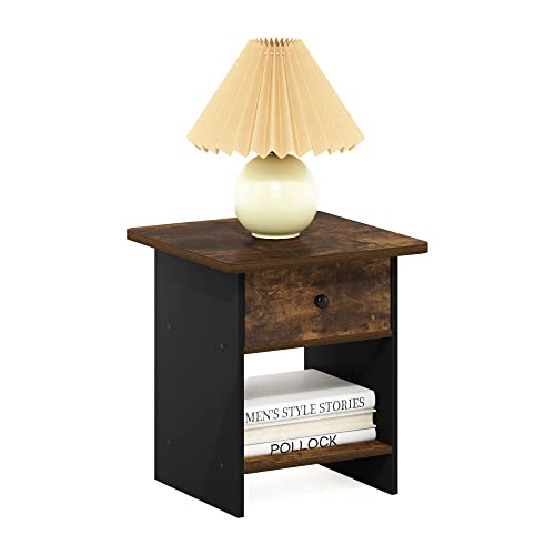 Furinno Dario End Table/ Night Stand Storage Shelf with Bin Drawer, Amber Pine/Black, 1-Pack, Upper Bin | 1x Storage Bin, Round Corner Night Stand with Open Back Shelf, Bedside Table, for Living Room, Bedroom - color: Amber Pine/Black, size: 1-Pack, Upper