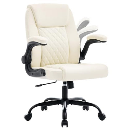 Executive Office Chair with Lumbar Support & Flip-up Arms, Beige | Ergonomic Desk Chair, 90–115° Tilt & Rocking, 20.1" Wide Seat, PU Leather, for Home Offices & Conference Rooms, 300Lbs - color: Beige