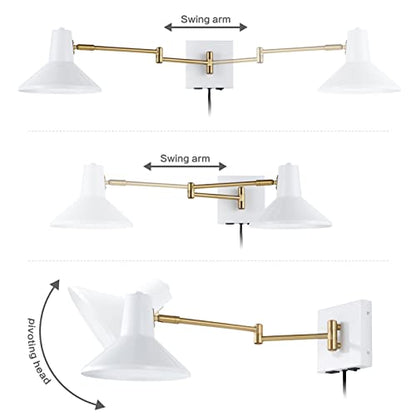JONATHAN Y Hygge 1-Light Modern Swing Arm USB Sconce 8", White/Brass Gold | Metal Construction, Plug-In Midcentury Bedside Wall Lamp, Cone Shade, Adjustable Head, LED Bulb Included - color: White/Brass Gold