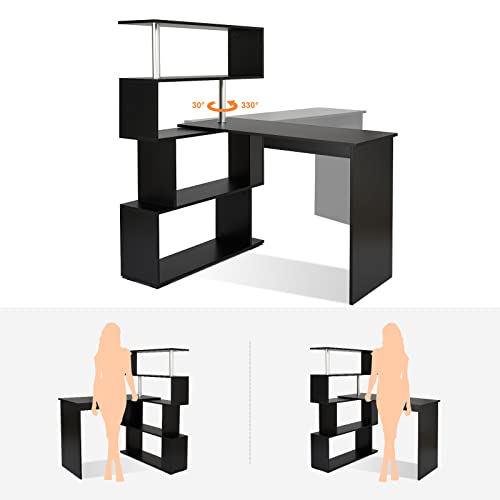 Mondeer 41.7" L-Shaped Desk with 4-Tier Shelves for Home Office in Black - color: Black