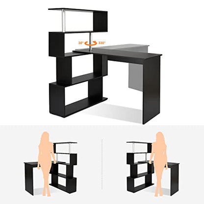 Mondeer 41.7" L-Shaped Desk with 4-Tier Shelves for Home Office in Black - color: Black