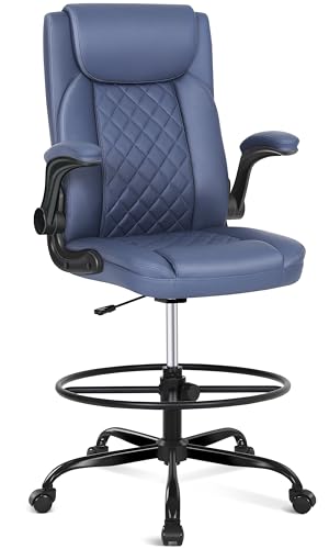 Misolant Drafting Chair with Footrest Ring, Tall Office Chair for Standing Desk, Standing Chair with Adjustable Height and Flip-up Armrest, PU Leather High - color: Navy Blue