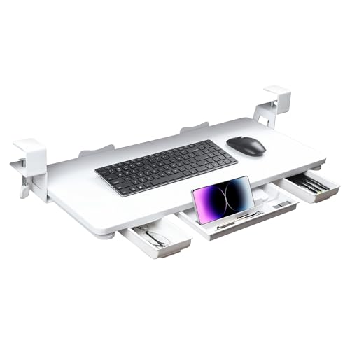 Keyboard Tray Under Desk with Drawer,26.77" X 11.81"Large Size Keyboard Tray with C Clamp-on Mount, Easy to Install, for Home Office (White) - color: White