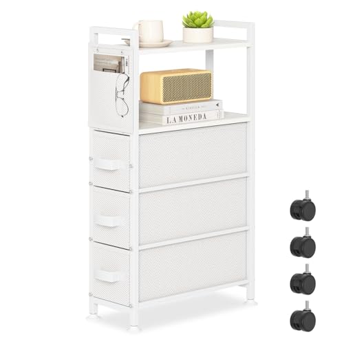 Oppro 3 Drawer Small Narrow Side End Table, Slim Nightstand with Wheels - color: White, size: 3 Drawers