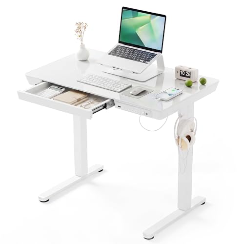 YDN Glass Standing Desk with Drawers, 32 Inch, White | Quick Install, Whole-Piece Glass Top, USB ports and a Type-C port, Buil in Drawers, Writable Glass Top, 2 Hooks - color: White, size: 32 inch