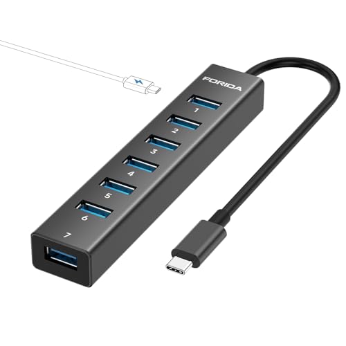 USB C Hub-8 Port USB HUB with 7 USB3.0 Data Ports,Aluminum Alloy USBC Splitter with Type C 5V/3A Power Port Compatible with MacBook, iPad, Surface Pro, XPS, Laptop,PC (Black,USB C-9.8in) - color: 9.84in Black, size: USB C