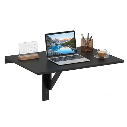 GIANTEX Wall-Mounted Folding Desk, Wooden Floating Laptop Table with Drop Leaf Design, Space-Saving Foldable Wall Desk for Study, Bedroom, Living Room, Laundry (Black) - color: Black