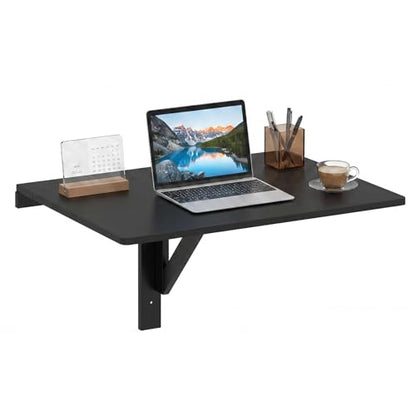GIANTEX Wall-Mounted Folding Desk, Wooden Floating Laptop Table with Drop Leaf Design, Space-Saving Foldable Wall Desk for Study, Bedroom, Living Room, Laundry (Black) - color: Black