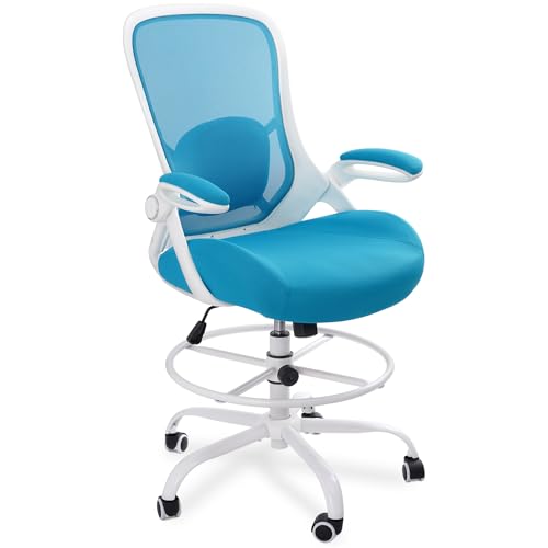 HYLONE 400lbs Heavy Duty Drafting Chair 5" Thickened Seat Office Chair with Flip-Up Armrests Tall Ergonomic Computer Chair with Lumbar Support and Adjustable Footrest Ring Standing Desk Chair (Blue) - color: Blue