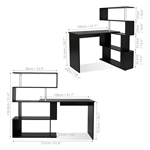 Mondeer 41.7" L-Shaped Desk with 4-Tier Shelves for Home Office in Black - color: Black