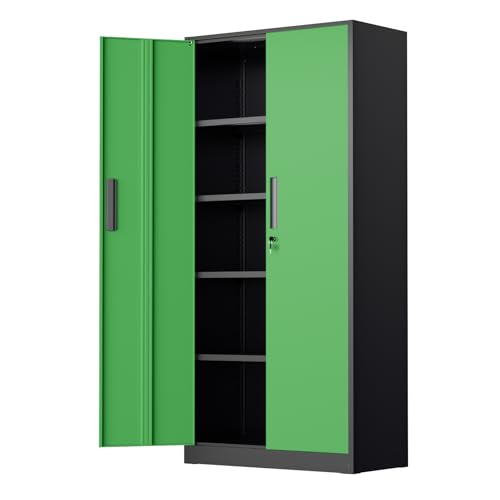 Bonusall 72" Metal Garage Storage Cabinet， Heavy-Duty Steel Cabinet with 2 Locking Doors & 5 Adjustable Shelves for Home, Office, or Workshop Organization(Black Green) - color: Black&green, size: MSC-72-D18