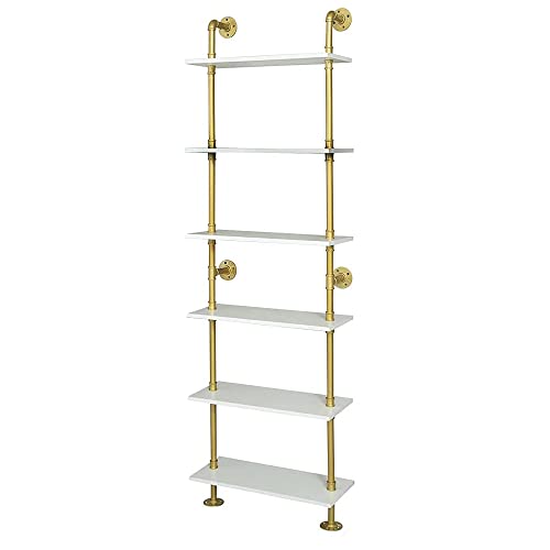 Industrial Gold Bookshelf-6 Tier Wall Mounted Ladder Bookshelf, Rustic Gold Storage Book Shelves Display Bookcases for Living Room/Home/Office - color: Gold, size: 6 tier