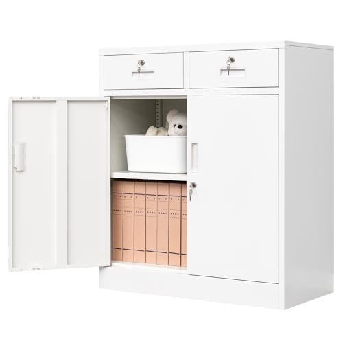 CMY Metal Storage Cabinet with 2 Drawers, 36" H Metal Cabinets with Adjustable Shelf, Locking Storage Cabinet for Office, Garage, Home-White - color: White-2 Drawers, size: 36" H