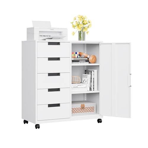 MIIIKO 5 Drawer Storage Cabinet with Door and Shelf, Mobile Lateral Cabinet on Wheels, Office Small Organizer Printer Stand, White File Cabinets - color: White, size: 5 Drawer-31.5"W -Mobile