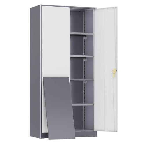 SUNCROWN Metal Storage Cabinets with Lock, Tool Cabinet, 72" Locking Steel Storage, Tall Locker Organizer Garage Cabinets with 2 Doors and 4 Shelves for Home,Office,Warehouse,Garage,School(Grey White) - color: Grey & White, size: 72"H x 36"W x 18"D