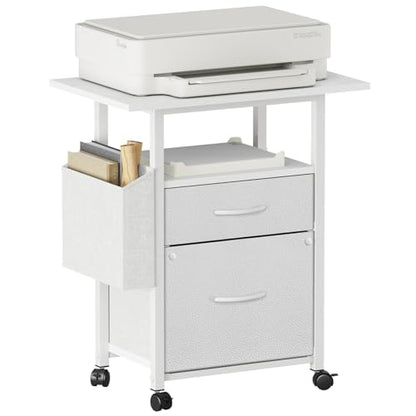 GYIIYUO 2 Drawer File Cabinet 24''W, Mobile Filing Cabinet, Printer Stand | 24'' Extended Desktop, Rolling, Side Bag, Fits A4/Letter Size, Home Office, Fabric Drawer, White - color: White