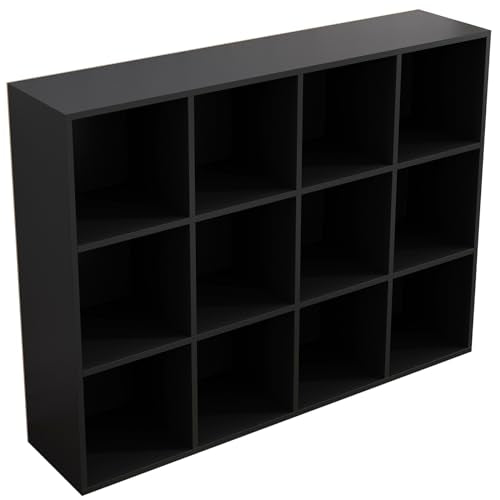 12-Cube Storage Shelf Bookcase, Black | Wooden 3-Tier Open Bookshelf, Fits 11×11" Bins, Vertical or Horizontal Use, Full Back Panels, For Home Office - color: Black, size: 12-Cube