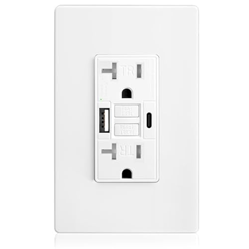 POWAWINI GFCI Outlet 20 Amp, ETL Listed, Charging Power Outlet with USB C & USB A Ports, Tamper-Resistant, Self-Test GFI Receptacles, LED Indicator, with Screwless Decor Wall Plates - size: 20 AMP GFCI