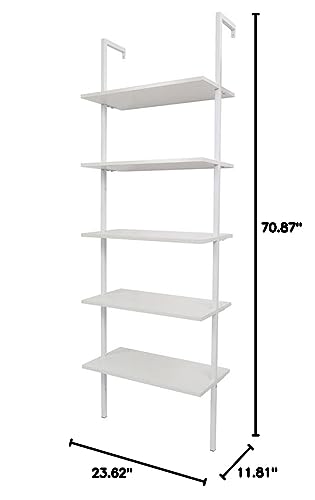 Ladder Shelf Bookshelf, 5-Tier Industrial Bookshelf with Metal Frame and Wood Board, Wall Mounted Bookcase Open Shelf Organizer for Living Room,Home Office, Bedroom, White - color: White