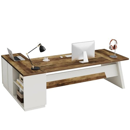 Tribesigns L-Shaped Executive Desk, 78-Inch Modern Office Desk with Drawers and Lateral File Cabinet, Large Bussiness Furniture with Storage Shelves, Workstation for Home Office (Brown + White) - color: Brown + White