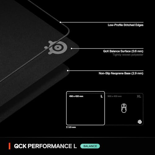 SteelSeries QcK L Performance Balance Gaming Mousepad — Extra Density for a Smooth Glide — Low-Profile Edge Stitching — Non-Slip Neoprene Rubber Base —16.54 x 19.29 inch — FPS, MOBAs, RTS, MMO - size: Large, style: Balance