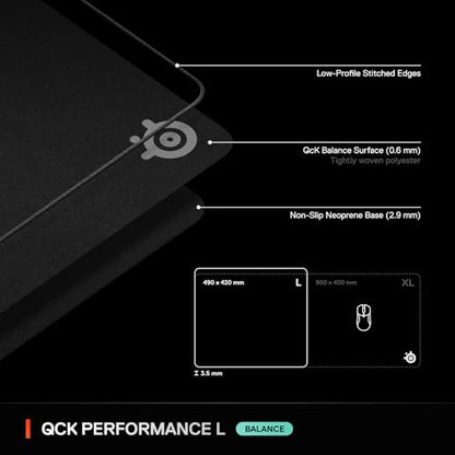 SteelSeries QcK L Performance Balance Gaming Mousepad — Extra Density for a Smooth Glide — Low-Profile Edge Stitching — Non-Slip Neoprene Rubber Base —16.54 x 19.29 inch — FPS, MOBAs, RTS, MMO - size: Large, style: Balance