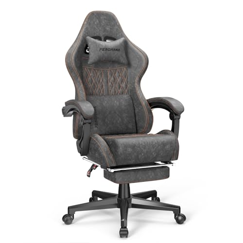 Vintage PU Leather Gaming Chair, High Back Gamer Chair with Massage, Ergonomic Computer Office Chair with Footrest for Adults, Racing Style Reclining Video Game Chair Steel Gray - color: Steel Gray