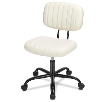 Armless Office Chair, Swivel Rolling PU Leather Vanity Chair with Back Lumbar Support Height Adjustable Computer Chair, Small Desk Chair for Home Office (Beige White) - color: Beige White