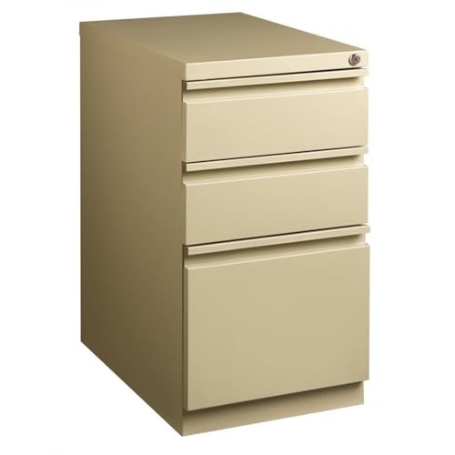 Pemberly Row Mobile Pedestal Filing Cabinet, 3-Drawer Box/Box/File, Full-Width Pull, 23-Inch Deep Steel, Beige Finish, Lockable, Letter-Size Hanging File Storage, Hidden Casters, Home or Office Use - color: Putty