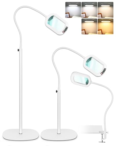 12X Rectangle Magnifying Glass with Light and Stand, 24" Flexible Gooseneck 3-in-1 Floor Lamp, 5 Color Modes Stepless Dimmable, LED Lighted Hands Free Magnifier for Reading Painting Close Work - White - color: White