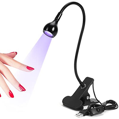 SAVILAND U V Nail Lamp Gooseneck LED with Securing Clip for Gel Polish | 360° adjustable, sturdy desk clip, USB rechargeable, 55in cable, portable design for salon & home manicure - color: Black