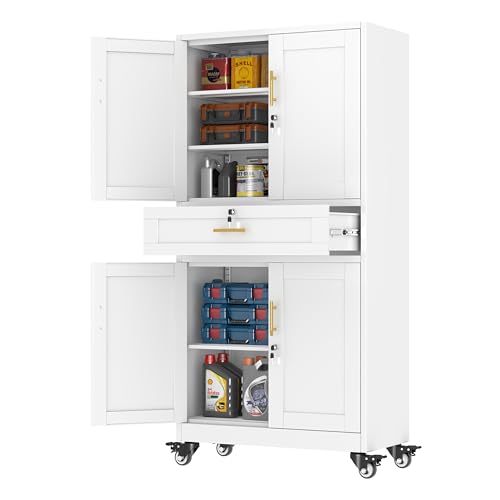 PAOFIN 74" H Metal Tall Storage Cabinet with Drawer | Garage Cabinet with Locking Doors and 3 Adjustable Shelves, Steel Cabinets for Garage, Home Office, White, Assembly Required - color: White, size: 71"-B