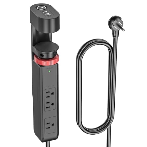 Desk Clamp Power Strip with 20W USB-C PD Fast Charging | 1020J Surge Protection, 6 Outlets & 3 USB Ports, No-Drill Mount Design, 45° Flat Plug, 6FT Cord, ETL Listed