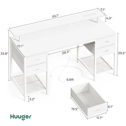 Huuger 55 inch Computer Desk with Power Outlets & 4 Drawers - color: White, size: 55 Inch