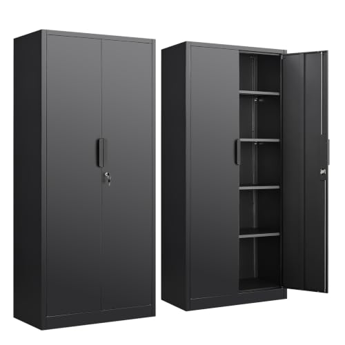 Metal Garage Storage Cabinet, 72" Tall, Black | With Lock, Steel Storage Locker, 4 Adjustable Shelves, Heavy Duty - color: Black, size: 72.04"H * 33.85"W * 17.71"D