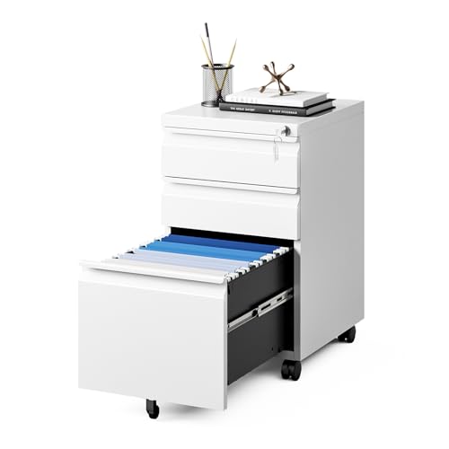 MIIIKO White Filing Cabinet 3 Drawers on Wheels Under Desk, Metal Rolling File Cabinet with Lock for Home Office, Small Mobile File Cabinet for Letter Legal File Folders, Un-Assembled - color: White, size: 3 Drawer-14.57"W -Mobile-a