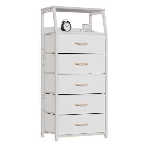 White Tall Dresser for Bedroom, 5 Fabric Bins Tall Nightstand | Dorm Dresser, Vertical Storage for Closet, Chest of Drawer for Entryway, Nightstand Bedside Table, Metal Frame,Wood Top - color: White, style: 5 Drawers