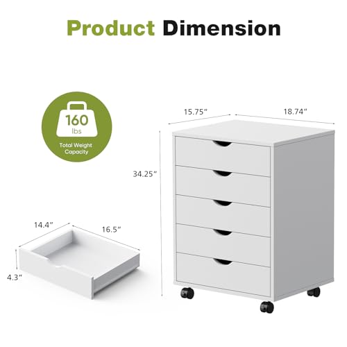 Sweetcrispy 5 Drawers Rolling Storage Cabinet, Mobile Wood Under Desk Drawer Organizer Chest with Wheels, Vertical Storage Unit for Home Office, Craft Room & Kitchen, White
