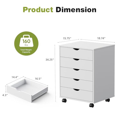 Sweetcrispy 5 Drawers Rolling Storage Cabinet, Mobile Wood Under Desk Drawer Organizer Chest with Wheels, Vertical Storage Unit for Home Office, Craft Room & Kitchen, White