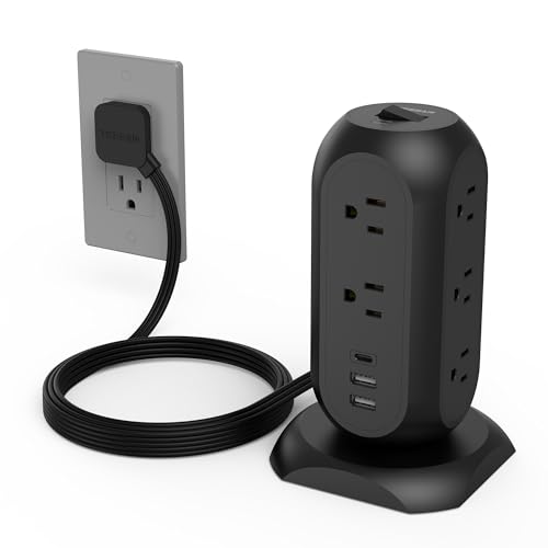 TESSAN Tower Power Strip Flat Plug with 1050J Surge Protection, 6 Ft, Black | 11 Outlets 3 USB (1 USB C), Surge Protector Power Tower, Extension Cord with Multiple Outlets, Dorm, Office Desk Supplies - color: Black, size: 6 Feet