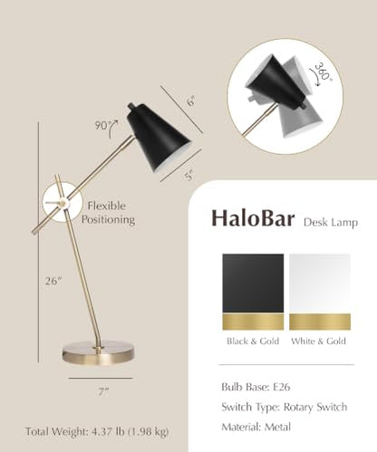 HarvestLand HaloBar Black Mordern Desk Lamp Reading Lamp for Home Office | Adjustable Black desk lamp, Modern table lamp for office, Bedside, Mid century modern desk lamp - color: Black HaloBar