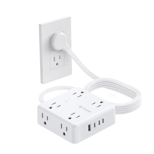 TROND Surge Protector Power Strip, 10FT Flat Plug Extension Cord, White - color: White, size: 10FT, style: Flat Plug