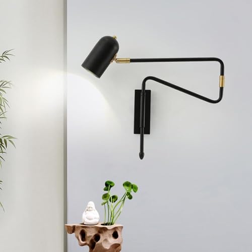 Modern Industrial Swing Arm Wall Sconce Black and Gold Metal Adjustable Long Arm Fixture Wall Mounted Lamp for Bedroom Bedside Reading Living Room Task Light Oldsix-66(Black) - color: Black