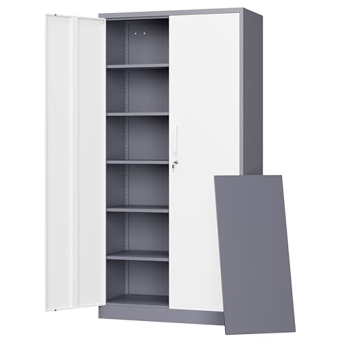 Letaya Metal Storage Cabinet with Lock Door and 5 Shelves,6 Tier Steel Garage Tool Cabinet for Home Office Utility Room 72" H X 36" W X18 D (White Gray) - color: Grey White, size: 72 X 36 X 18 In(H X W X D)
