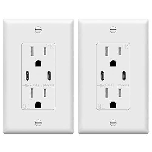 TOPGREENER 2-Port USB C 3.6A 18W Wall Outlet, 15 Amp Tamper-Resistant Receptacle, Charging Power Outlet with USB Ports, UL Listed, TU21536A2C-2PCS, White, 2 Pack - color: White, size: 15 Amp | 3.6A 2C Ports