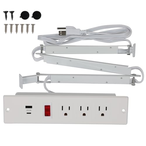 Drawer Outlet Kit Flush Mount Recessed Outlet Furniture Power Strip with Overload Protection Switch Clutter Free Drawer Socket with 6.5FT Extension Cord Management Arm for Kitchen Office (White) - color: White