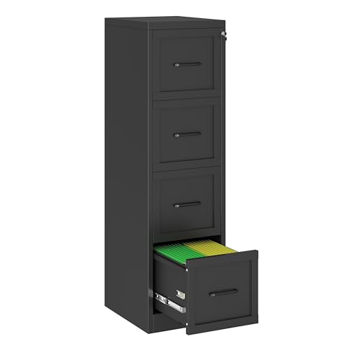 pozdeg 4 Drawer Vertical Metal File Cabinet with Lock, Black | Narrow Vertical Steel Storage Organizer, Fits Letter/A4/Legal Documents, Secure Lock Design for Office & Home Storage ﻿ - color: Black, size: 17.72"D x 14.96"W x 52.4"H