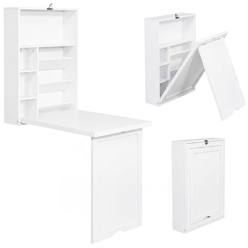 Tangkula Folding Wall Mounted Desk, Convertible Fold Out Floating Table with Storage Shelves, Space-Saving Drop Leaf Table, Murphy Desk for Craft, Study, Small Spaces, Home Office, Dorm, White - color: White